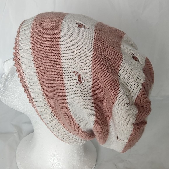 Pink Slouchy Cap Hat Baggy Beanie reversable Winter Handmade Crochet Knit Size M - Picture 3 of 6